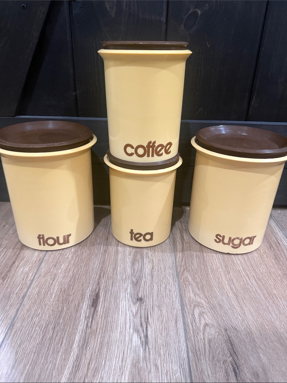 Vintage Yellow & Brown Kitchen Canister Set - Coffee Tea Flour Sugar